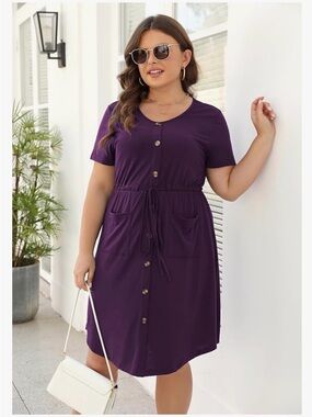 Short Sleeve Drawstring Button-Front Mini Dress in Deep Purple sz 18